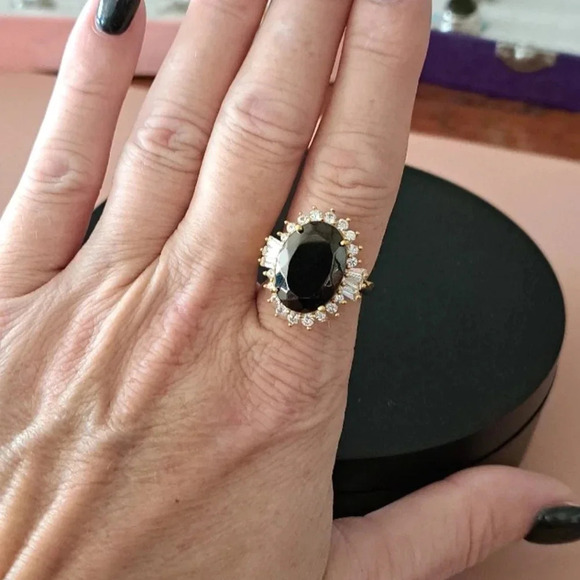 Elite Shungite and Natural White Zircon Halo Ring In 18kt YG Vermeil. - Picture 2 of 10